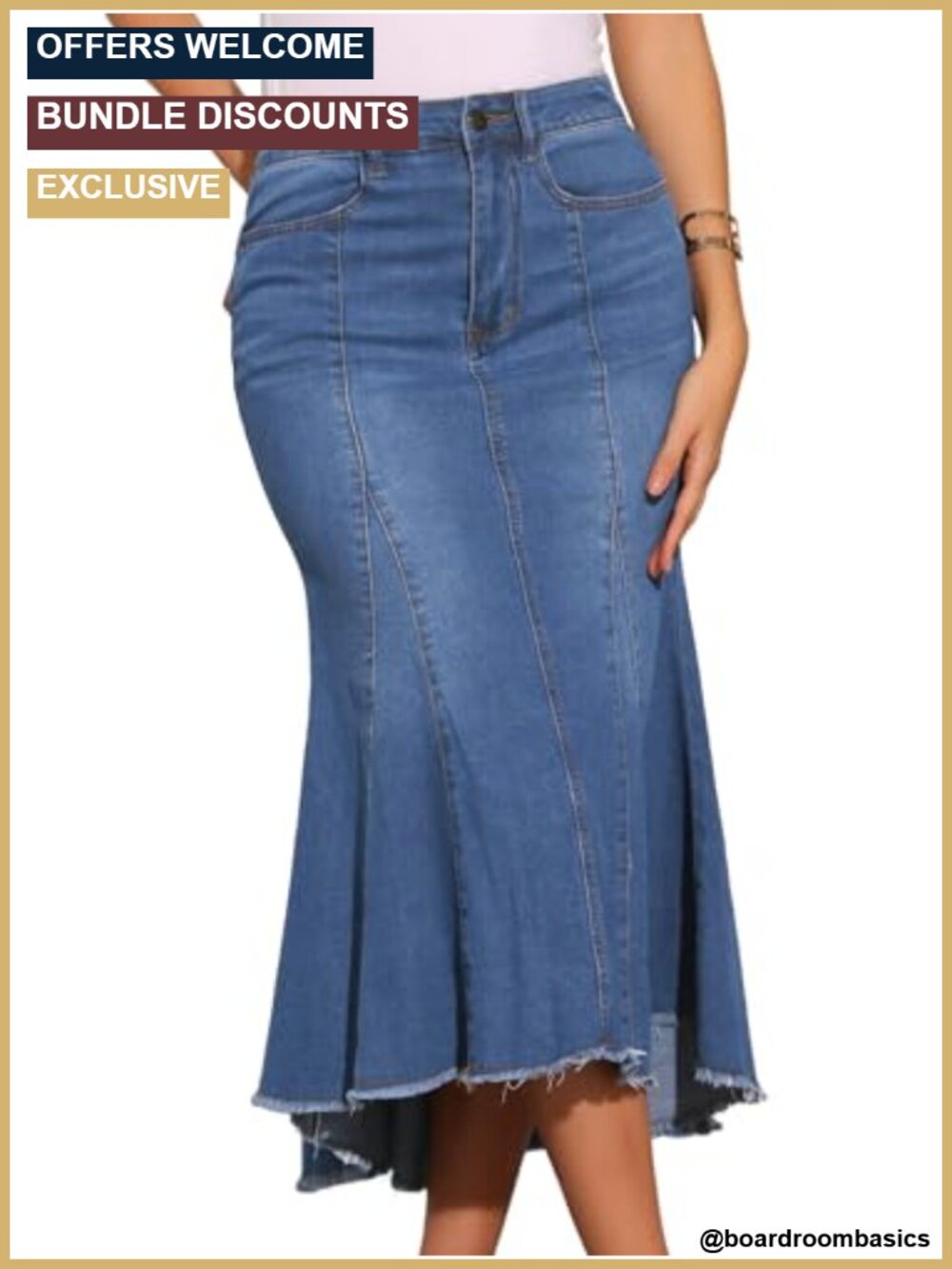 Women's Fishtail Denim Skirt High Waist Midi Raw Hem 4 Pockets Stretch Cotton